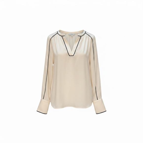 LOFT Tops - LOFT Cream Blouse | Black Piping | V-Neck | Wide Cuff | Sheer | Size L